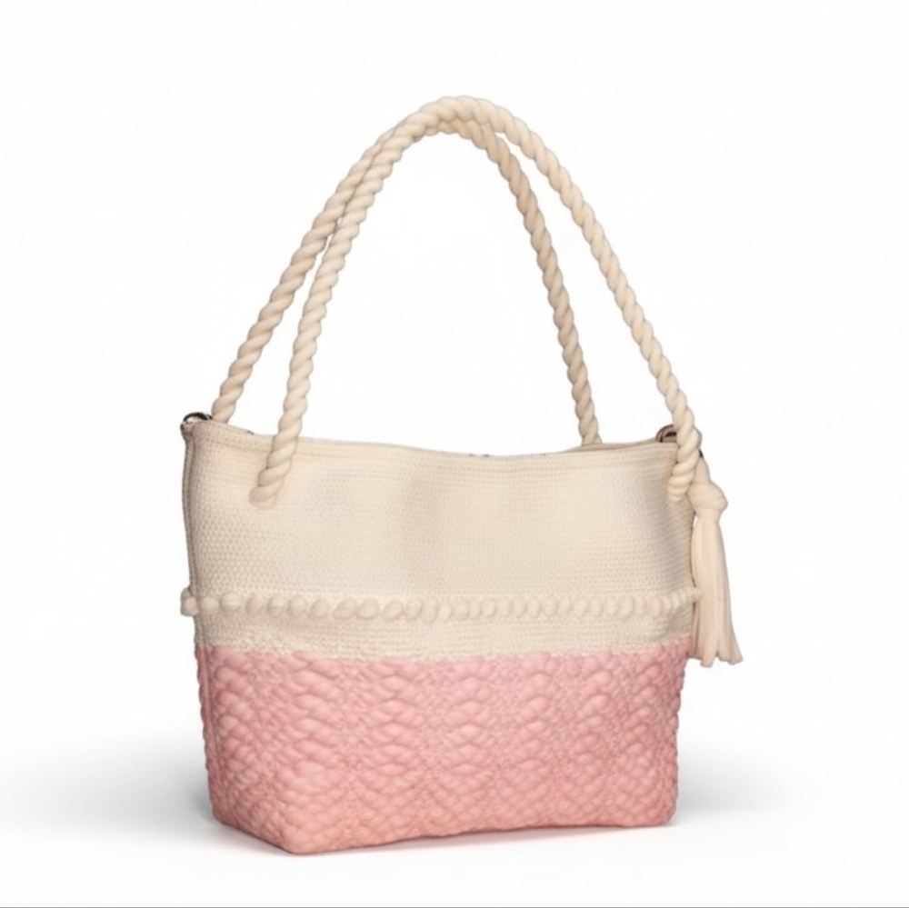 Vintage Cream And Pink Macrame Bag With Tassel And Rope Handles